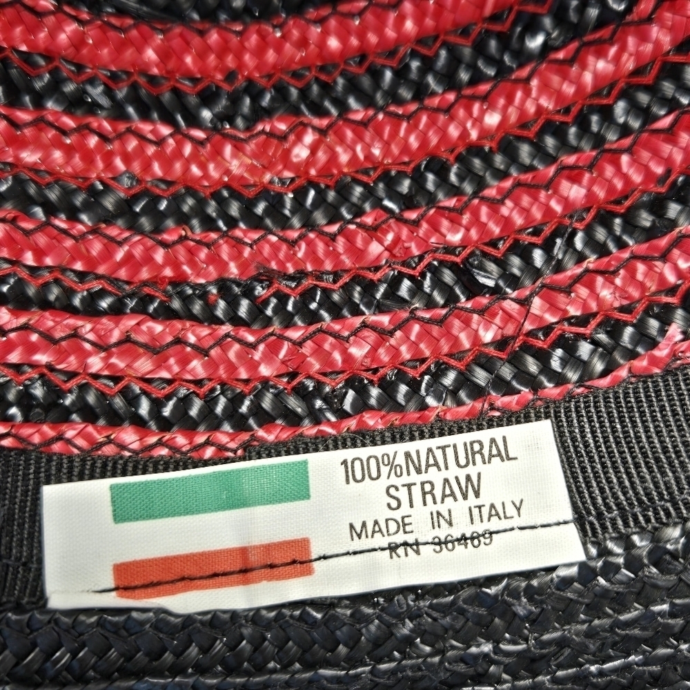VINTAGE 100% NATURAL STRAW WOVEN HAT BLACK & RED SWIRL ITALY WOMEN OS WHIMSIGOTH - Picture 8 of 13